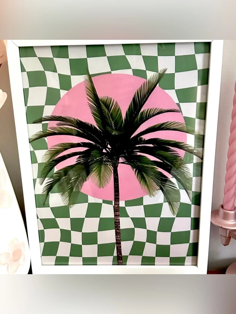 Green Check Pink Palm Tree Canvas Art Print White Framed Wall Art Tropical Art